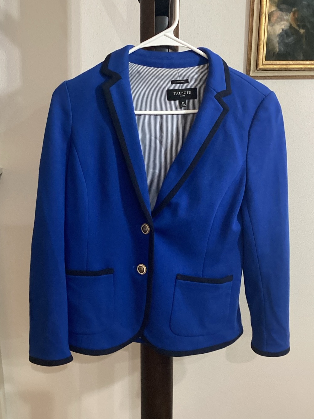 Talbots Aberdeen Pique Knit Blazer Blue Black Trim 6P EUC